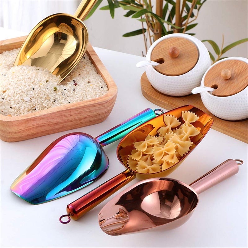 Mingcheng Stainless Steel Ice Scoop and Tongs Set - 6 Inches Serving Tongs With Teeth for Large Cubes, Round Bottom Bar Utility Scoop, Freezer, Bucket - Set of 3 (Rose Gold Copper) - Image 5